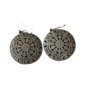 Silver Filigree Mandala Hook Earrings Boho Native Vintage Eclectic Medallion